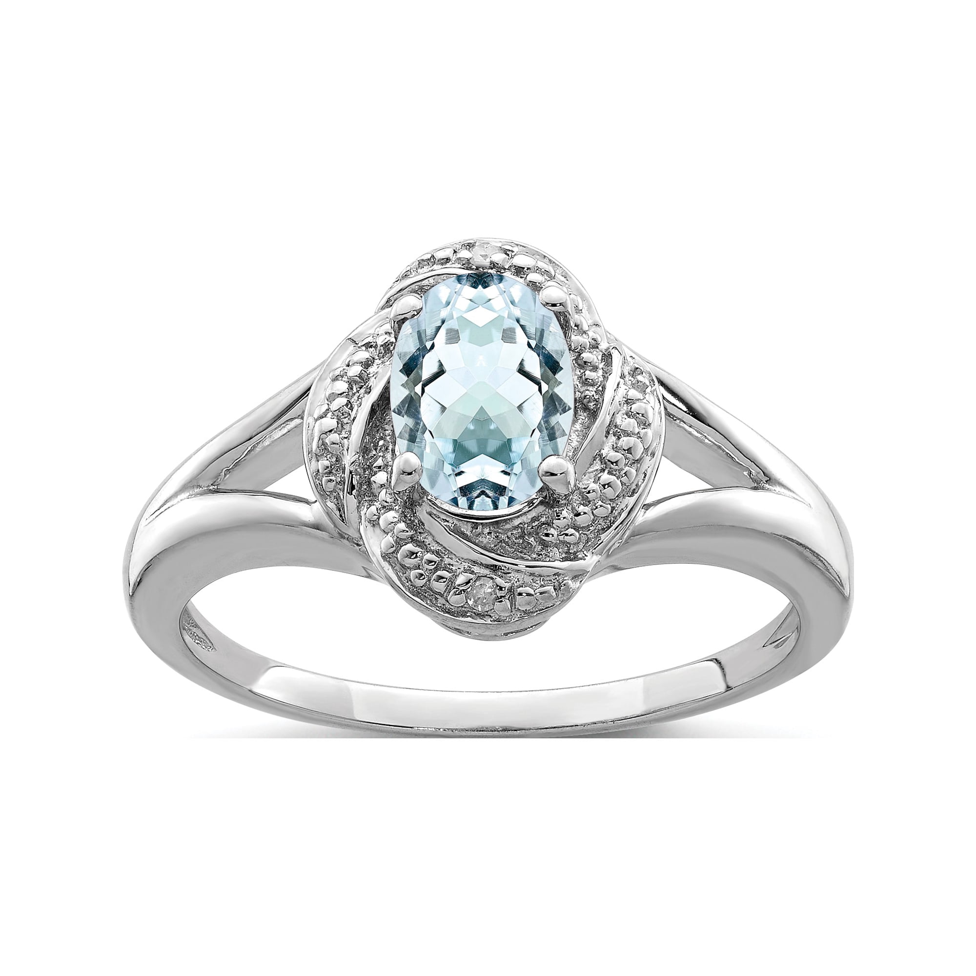 Ring Gift Sterling Silver Rhodium-Plated Aquamarine & Diam 